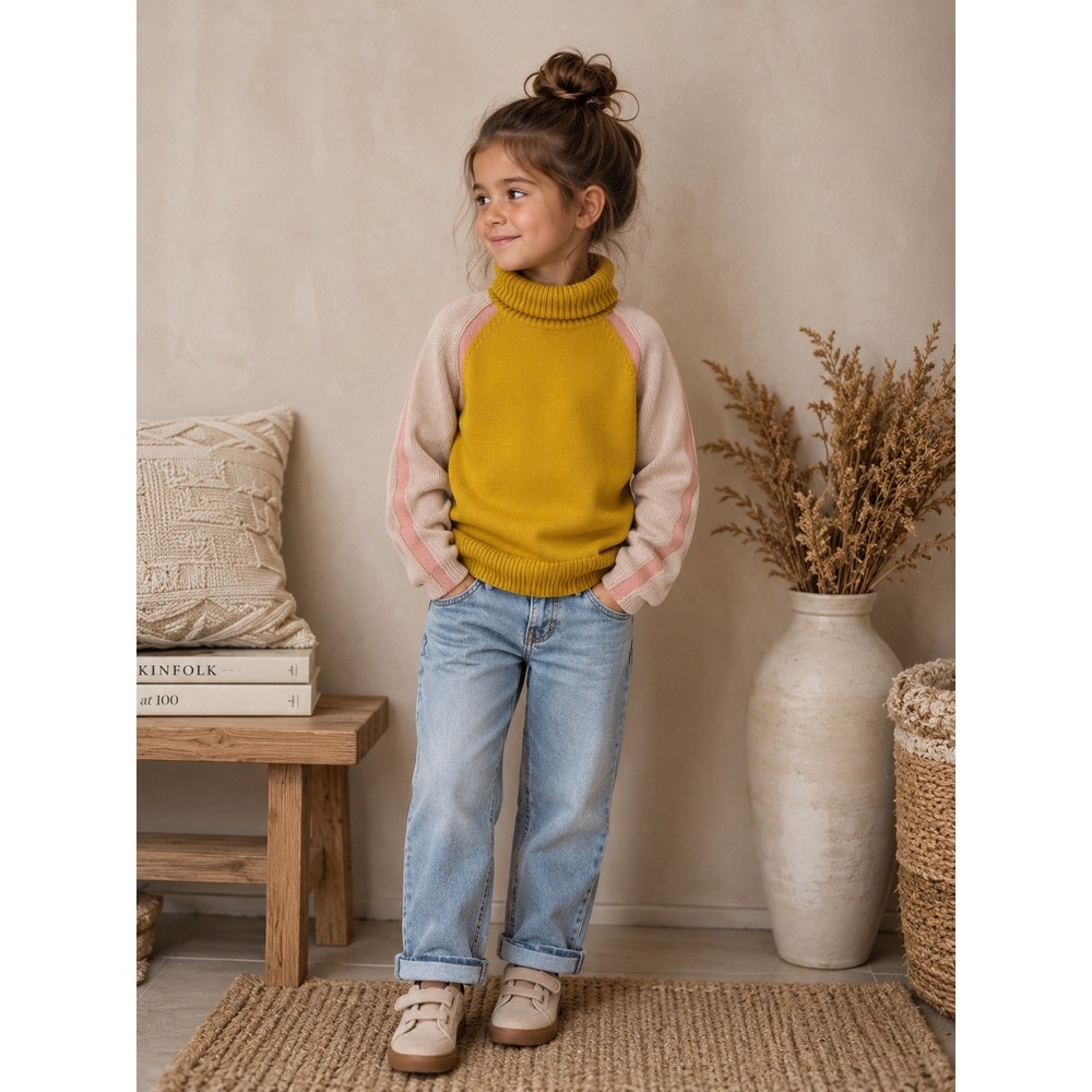 Chloe Kids Mustard Yellow Pink Raglan Turtleneck Wool Blend Sweater Size 5